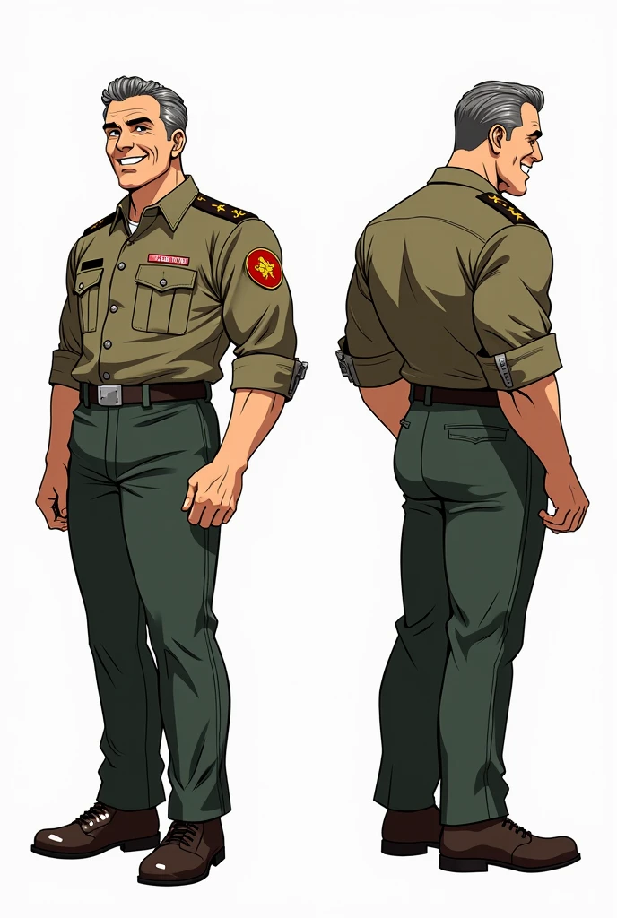 Character of a smiling adult male named John Smith. He has fair skin with some freckles, short gray hair slicked back with hints of brown, and intense blue eyes with a watchful expression. Its construction is robust and muscular. He wears a military uniform. The style should mix 1980s comic book art with 1980s anime, Different angles, character sheet, white background --3:2 Aspect ratio, different poses