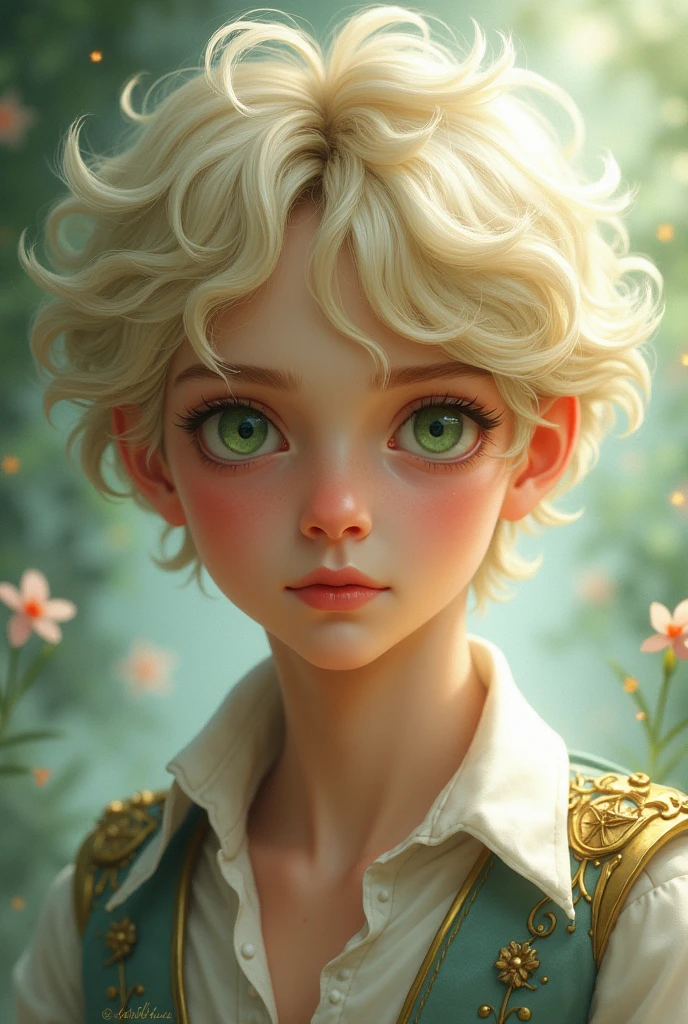 Pronce with short curly platinum blonde with green yes