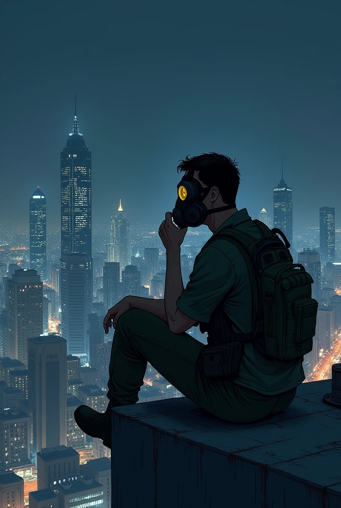 Brazilian soldier in gas mask pensive with hand on chin sitting on the edge of a building in downtown Sao Paulo at night in scribbled anime drawing.