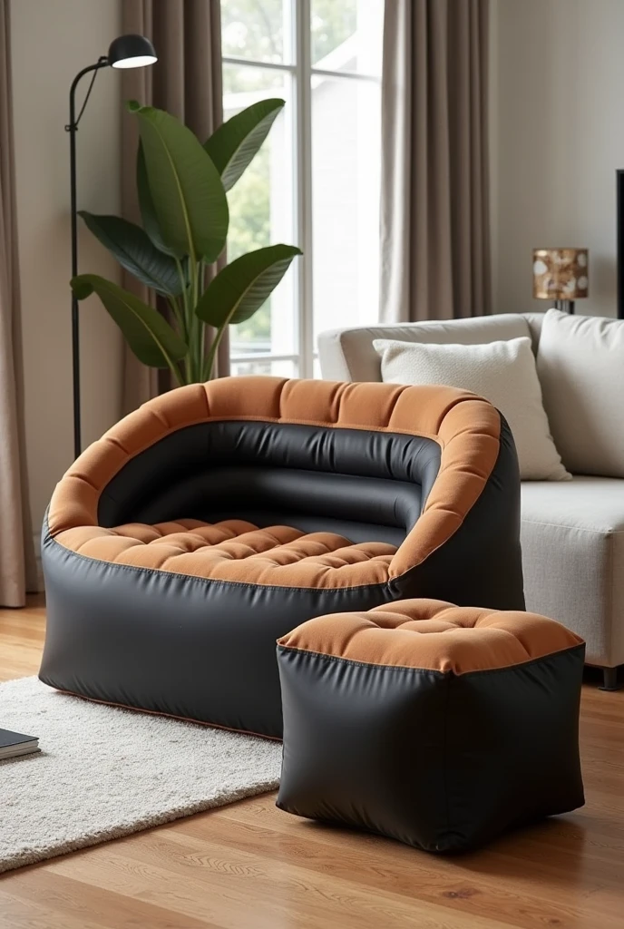 Create a single-seat inflatable sofa with a small inflatable ottoman, both must be brown and black, background create a modern living room