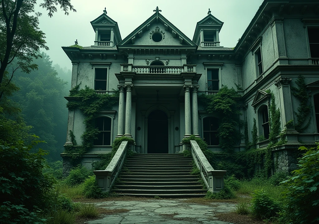 main entrance with a staircase of an old mansion, old and decaying falling apart, gothic style, the image must contain shades of green, no people and no fire in the fireplace or chandeliers