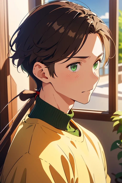 highres, superb quality, hyper HD, Masterpiece, highly detailed, ((masterpiece)), ((front view)), 独奏, handsome anime boy, 1 man, 1boy, tan teenager, young man, male, ((young_adult_face)), ((sexy guy)), ((green eyes)), olive green eyes, sharp eyes, smirk, portrait, Gradient ((dark brown hair)), shaggy hair, ((rat tail hair)), ((rattail hair)), (shiny tan skin), darkbrown_hair, ashybrown_hair, ash_brown hair, wearing cozy sweater, wearing tight sweater, romance lane, close-up, portrait, ❤ love, beautiful,