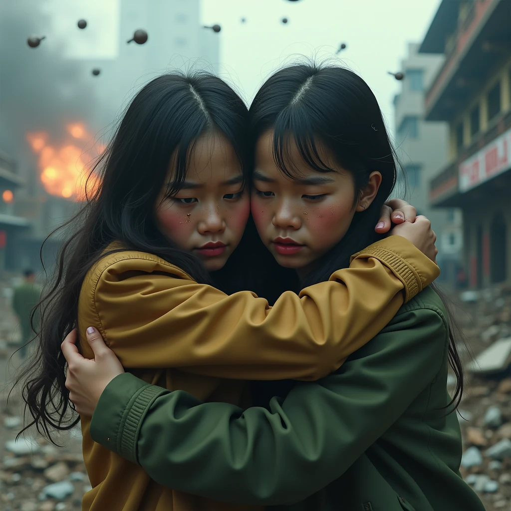 Identical twin sisters hugging each other in fear、2024;masterpiece, Better Quality, High resolution, ((Photorealistic:1.4, RAW Photos, 超High resolution,Best image quality: 1.4)), ((Upper body 1.5)), Beautiful attention to detail, Natural color lip, (masterpiece, Highest quality) Destroyed city (Hanoi)Two sad girls looking up(close); Bombs falling from the sky.