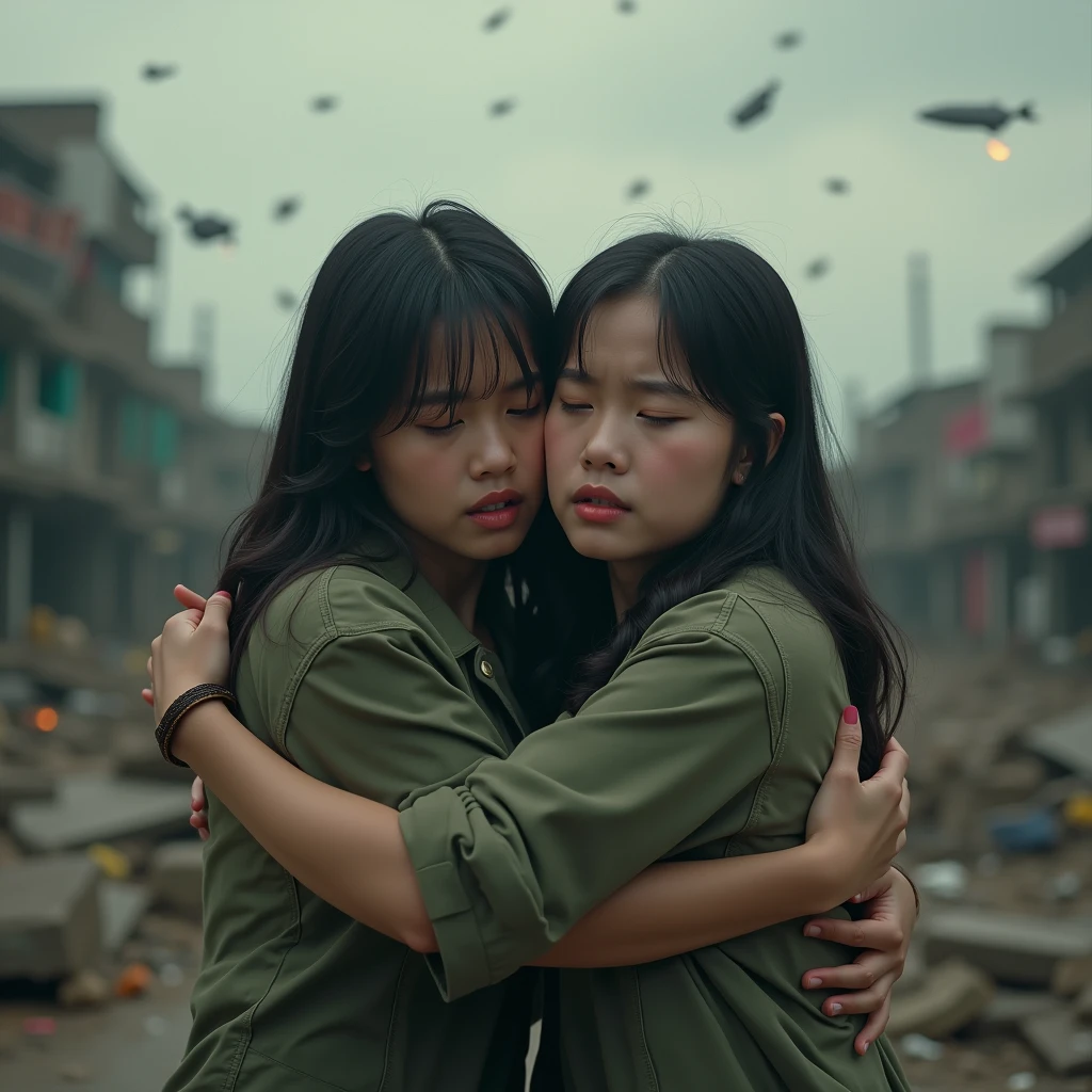 Identical twin sisters hugging each other in fear、2024;masterpiece, Better Quality, High resolution, ((Photorealistic:1.4, RAW Photos, 超High resolution,Best image quality: 1.4)), ((Upper body 1.5)), Beautiful attention to detail, Natural color lip, (masterpiece, Highest quality) Destroyed city (Hanoi)Two sad girls looking up(close); Bombs falling from the sky.