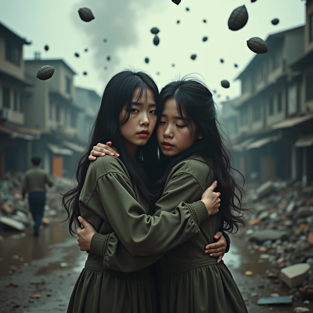 Identical twin sisters hugging each other in fear、2024;masterpiece, Better Quality, High resolution, ((Photorealistic:1.4, RAW Photos, 超High resolution,Best image quality: 1.4)), ((Upper body 1.5)), Beautiful attention to detail, Natural color lip, (masterpiece, Highest quality) Destroyed city (Hanoi)Two sad girls looking up(close); Bombs falling from the sky.