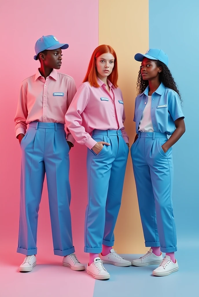 Create a pink and blue school uniform for men and women with models with pants, dresses, socks, cap, blouse, in black models, white, redheads, thin, fat, with vetiligo, in a wheelchair