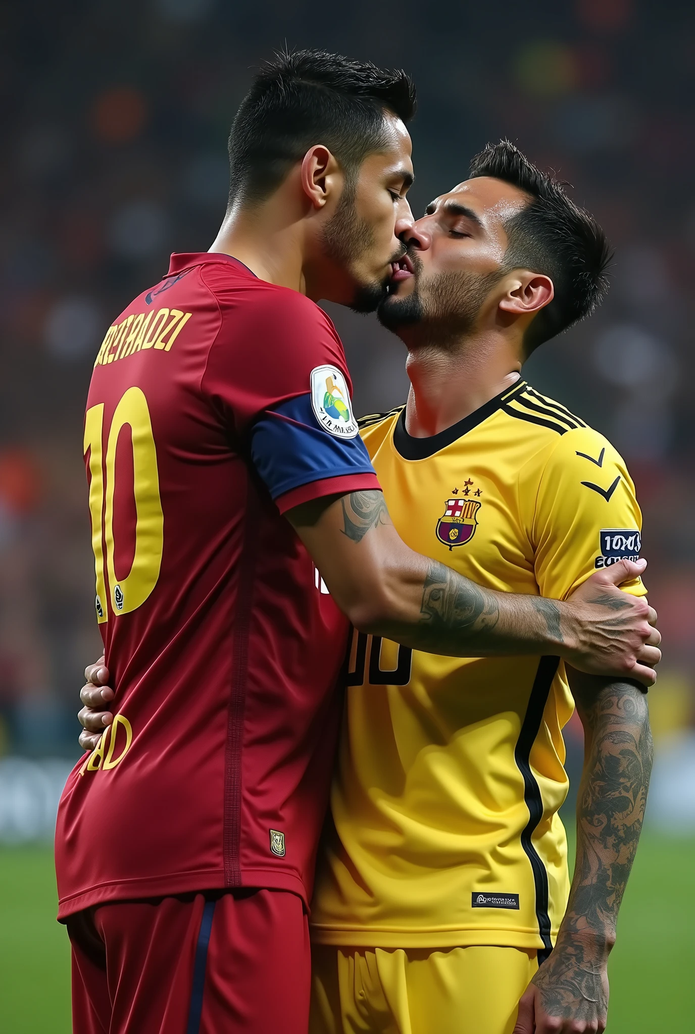 Realistic image of the player James Rodriguez sucking Neymar Jr's cock.