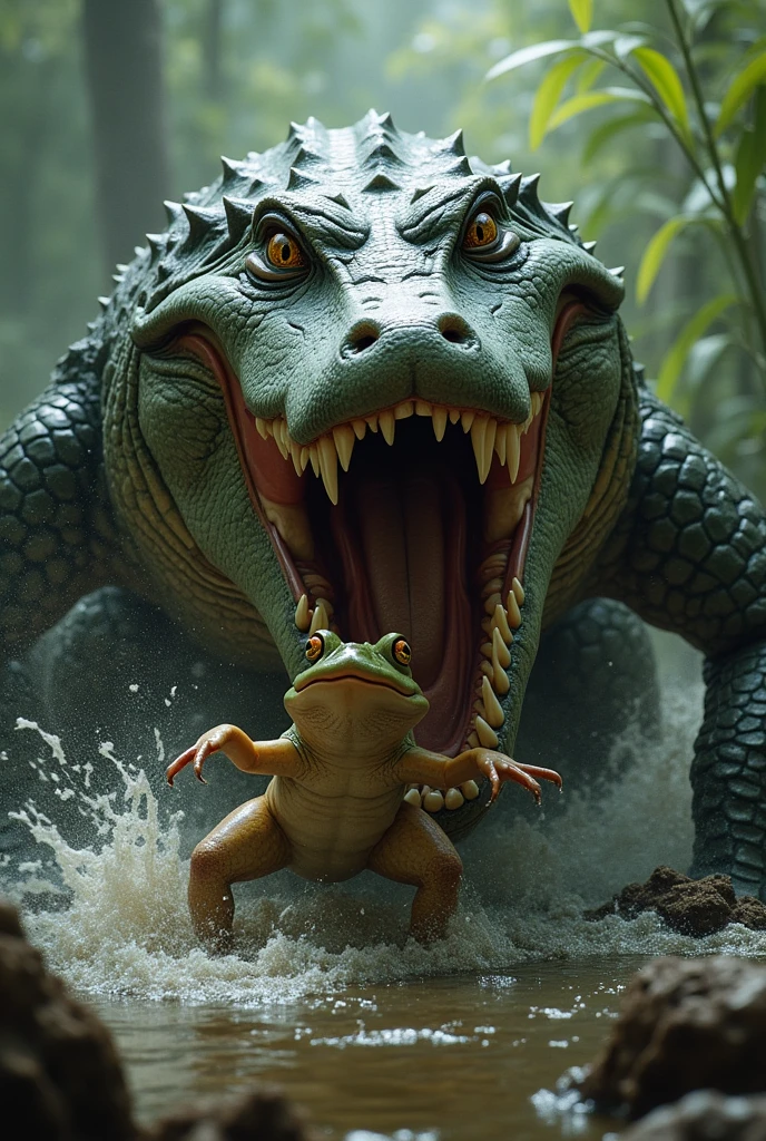 Angry alligator biting a frog