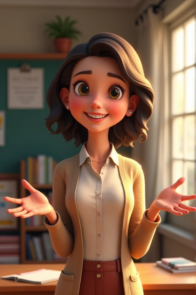 Make an animated image of a pretty teacher who says her name, which is Luisa.
