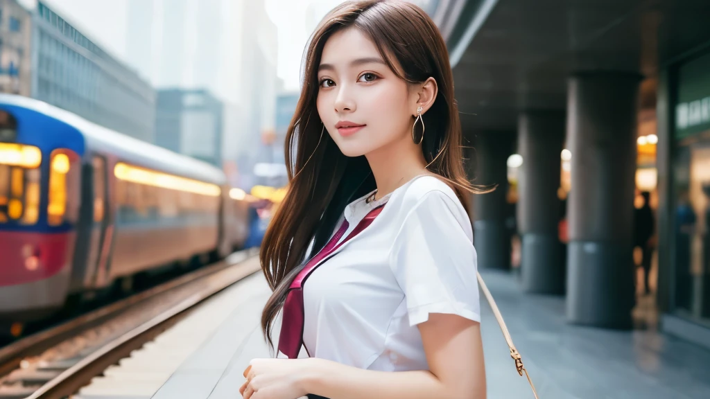 Highest quality、High resolution、8k wallpaper、Dense and beautiful eye-glue hair、(Beautiful breasts:1.3)、Natural color lip、Women、Brown Hair、smile、Semi-long hair、Hair tied up、Wearing a necklace and earrings、Shirt and tie、Checked mini skirt、Dating a guy、Walking arm in arm with a man、On the way home from school、Subway platform