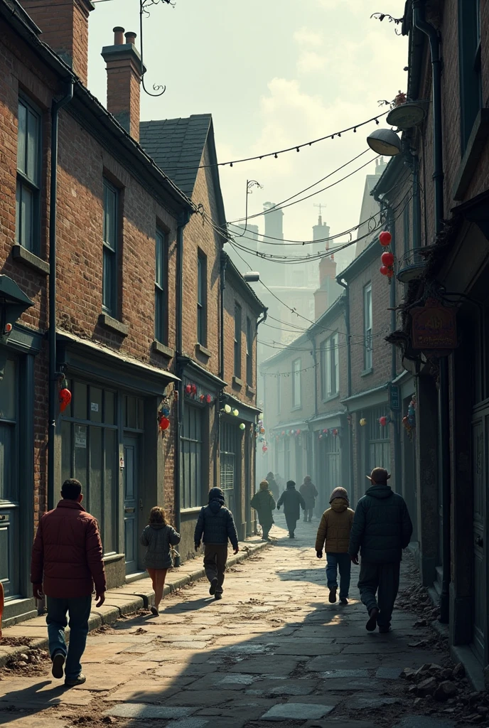 An image of a working-class neighborhood in Manchester. The houses are small, narrow and very close together. The streets are crowded, dirty and poorly lit. Children and adults are dressed in worn-out clothes.