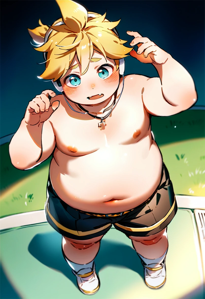 1 boy, (male child), , (Kagamine Len), cute, obese, fang, shirtless, earphone, shorts, necklace, (chubby), (plump),( belly significantly hang over the waistband), (belly fully exposed), hands up, standing on a mat, embarrassed, full blushed