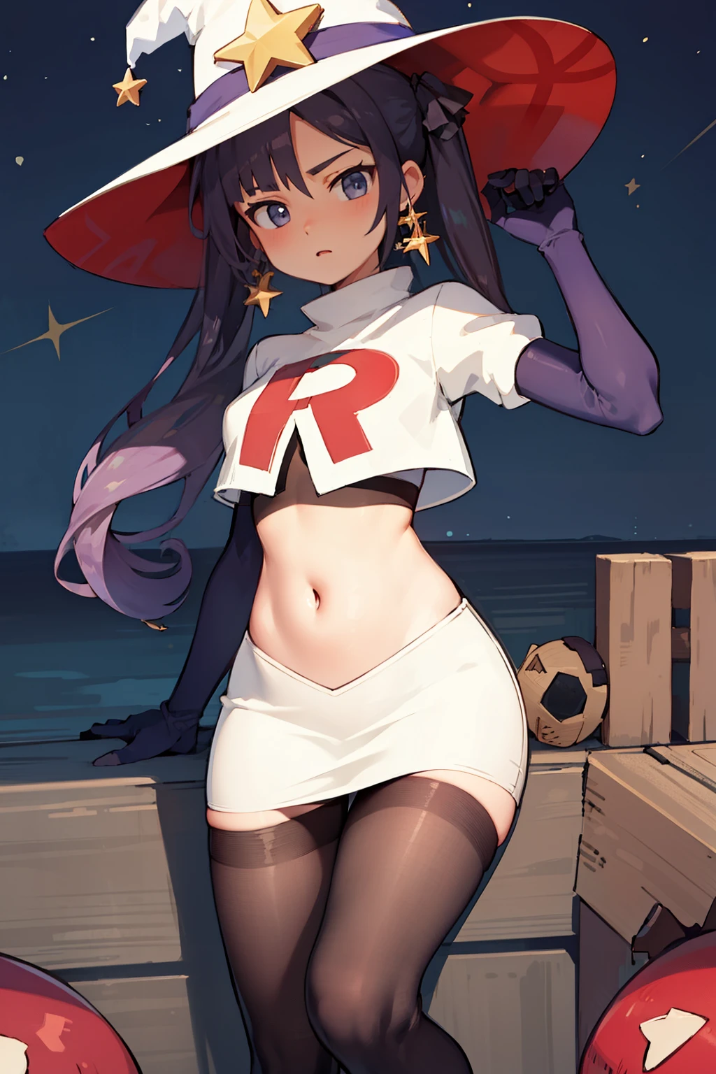 ((masterpiece,best quality)), team rocket,team rocket uniform,white skirt,red letter R,crop top,black thigh-highs,black elbow gloves, purple_hair, zettai ryouiki, aamona, long hair, twintails, star_earrings,hair ornament, hat, jewelry, star_\(symbol\), witch_hat, earrings, purple headwear, cowboy shot,