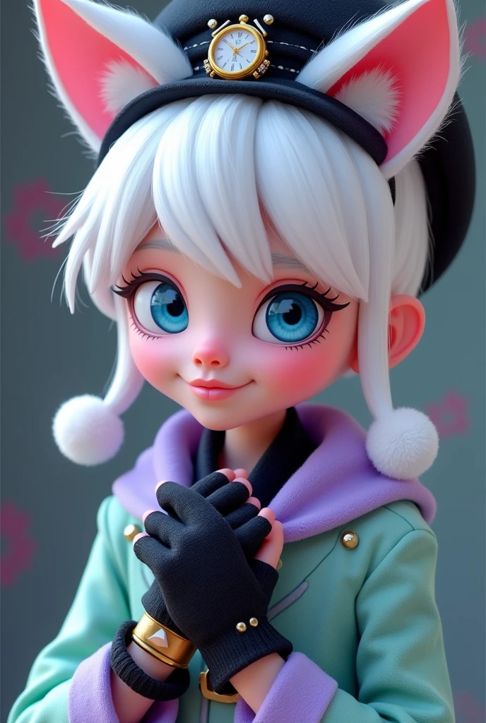 Imagem do filho da Kitty Cheshire com a Bunny Blanc de Ever After High: A sexy age boy, white hair with bunny ears, black hat tiara with gold watch, pink skin color, blue cat eyes, lilac and light green clothes, black gloves with white pompom with cat details