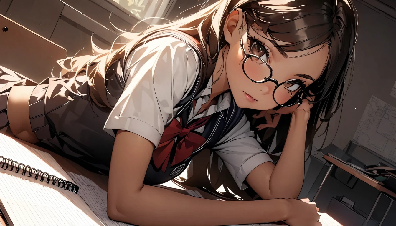 (highest quality:1.2, Very detailed, up to date, Vibrant, Ultra-high resolution, High Contrast, masterpiece:1.2, highest quality, Best aesthetics), Portraiture、girl, 20-years-old, Bright colors、Beautiful fine details、Beautiful lip detail, long hair、brown eyes, ((slim body:1.4)), (small breast:0.7), (dark skin:0.5), glasses, ((school uniform:1)), studyind, sitting at the study desk, notebook and pencil, her room, embarrassed:1.8, lineart, clean line drawings, look at viewer, sepia color:1.5, solo:1.5, wide angle