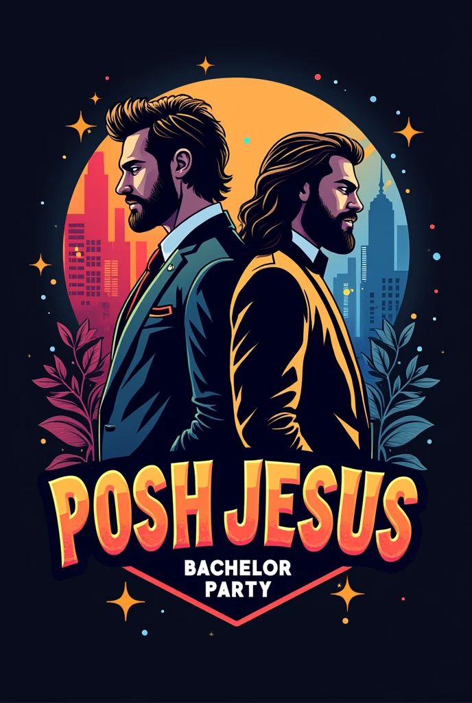 bachelor party logo, with the names eliot, posh jesus