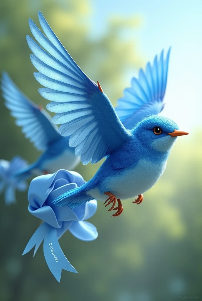 Two realistic blue birds flying, facing the front, carrying a ribbon bow with the name joao