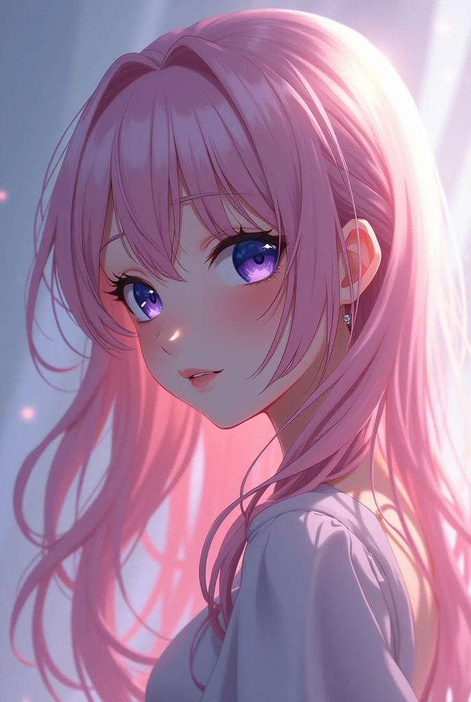 anime girl, with long light pink hair and violet eyes