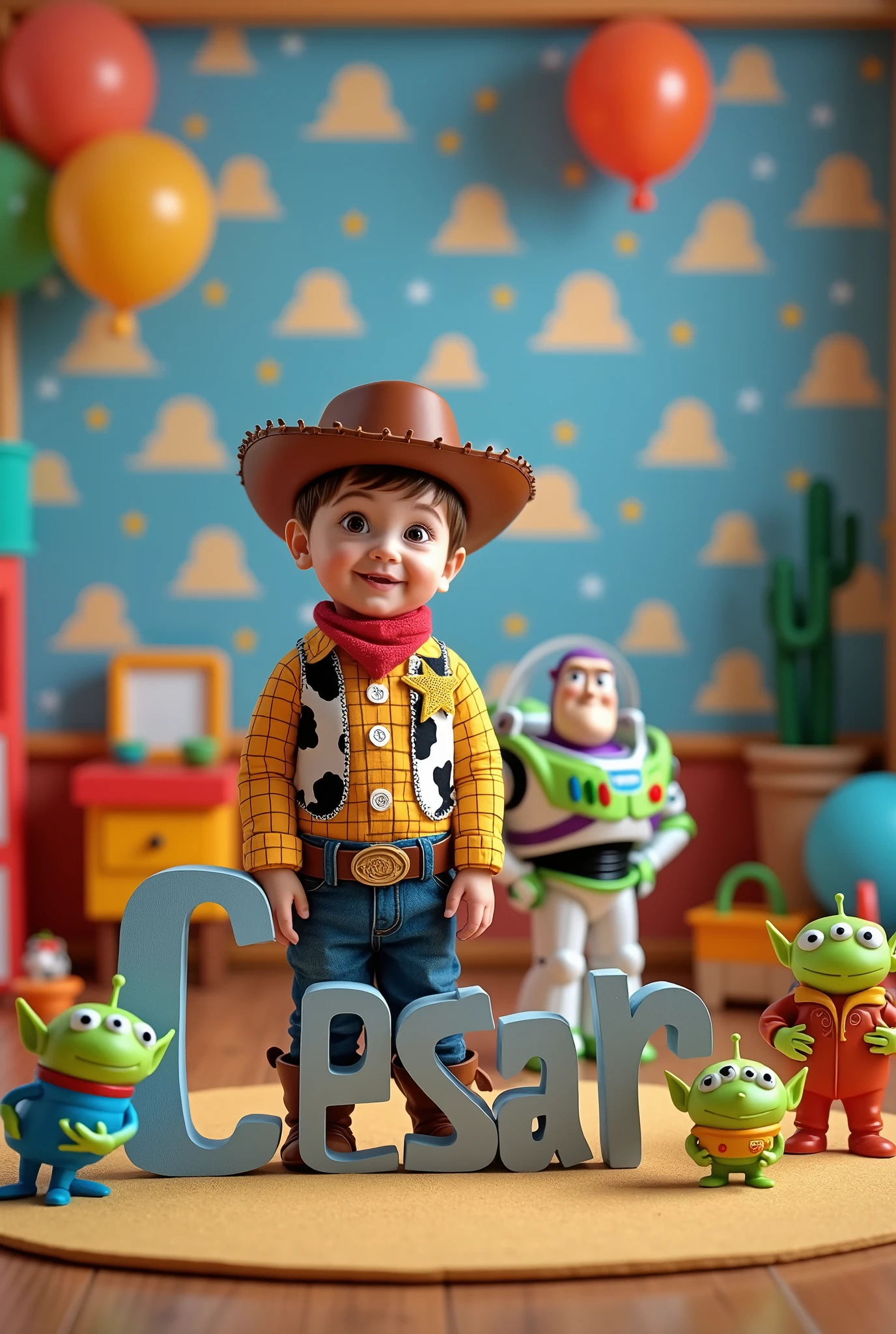 a Toys Tory 1st birthday photo shoot set that has Cesar&#39;s name on it