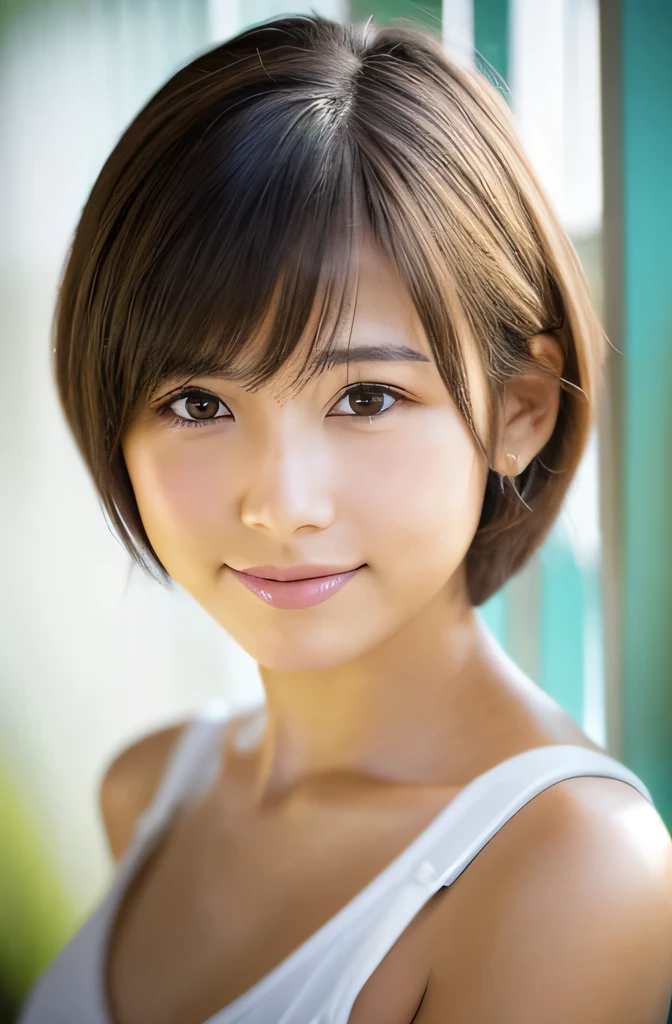 Highest quality, Face Focus, Soft Light, Ultra-high resolution, (Realistic:1.4), RAW Photos, 1 Japan, alone, cute, (A shy smile:0.5), (Brown eyes, light in your eyes), Beautiful face in every detail, (Small Box),(High resolution detail of human skin texture), (Short Bob Hair), In the classroom,White swimsuit,