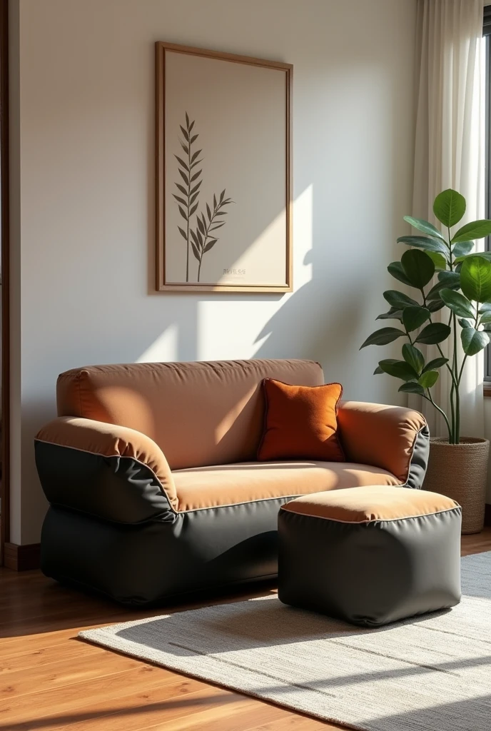 Create a single-seat inflatable sofa with a small inflatable ottoman, both must be brown and black, background create a modern living room