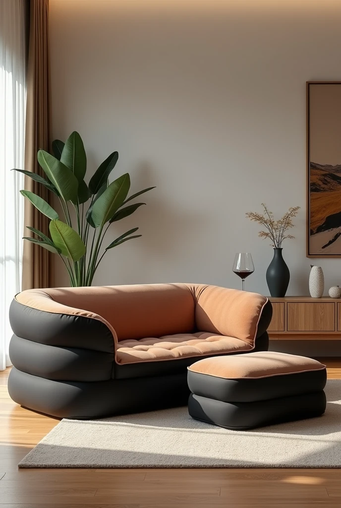 Create a single-seat inflatable sofa with a small inflatable ottoman, both must be brown and black, background create a modern living room