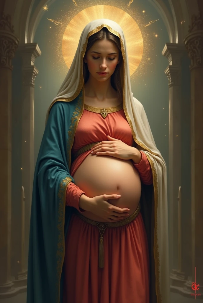 make an image of the pregnant virgin mary with a long dress Take a print of the following image and it is best to generate colorful, high-contrast, high-resolution images.