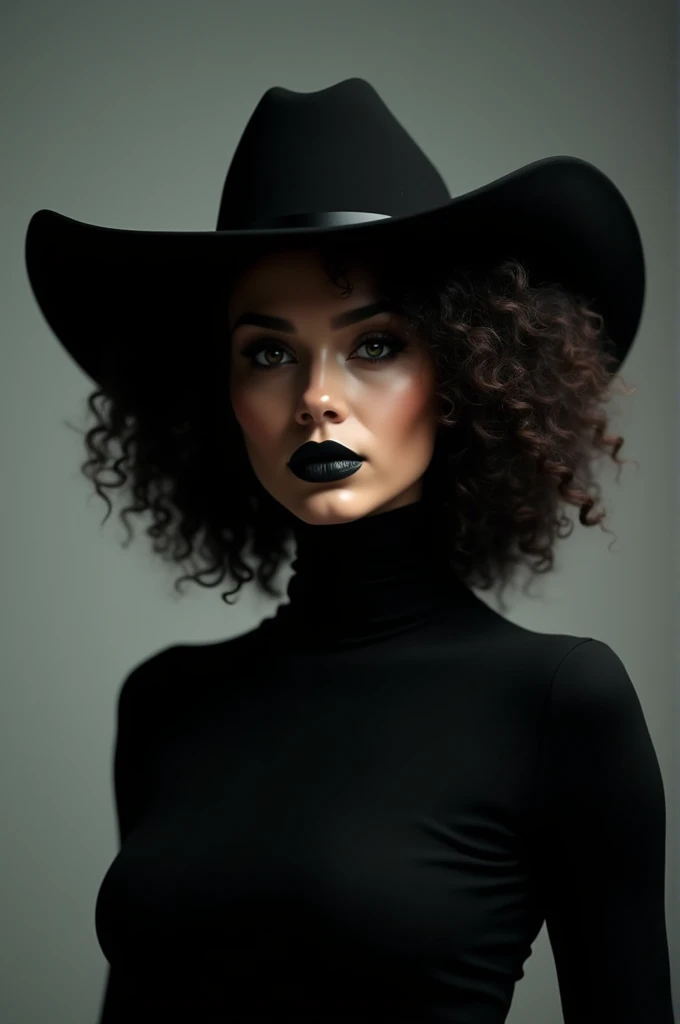  with a black cowboy hat, big curly hair, Black turtleneck 