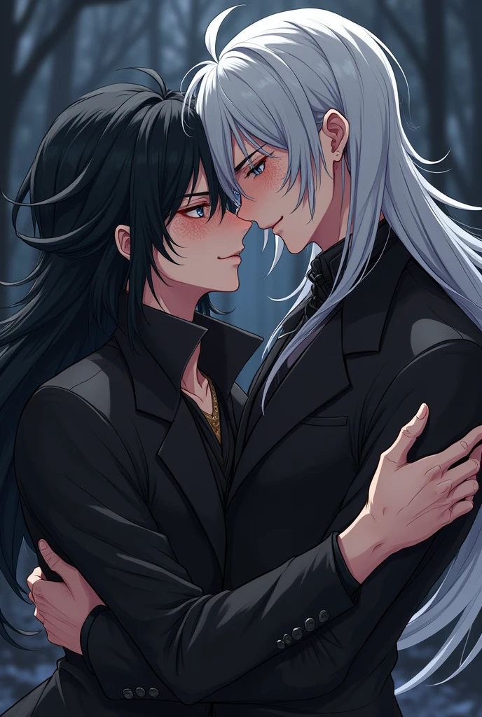 two males, 2 anime assassins, with long black hair freckled skin intimately kissing each other, handsome, with long white hair, blue/grey eyes half way closed, facial expressions of happiness and love, intimatehug, Dark fantasy romantic semirealistic manga comic style. Volumetric and dynamic lighting. Hyperdetailed photorealistic hyperrealistic, Stunning dark fantasy,perfect body and face, Dark fantasy romantic semirealistic manga comic style, Volumetric and dynamic lighting, Hyperdetailed photorealistic hyperrealistic, Stunning dark fantasy,"