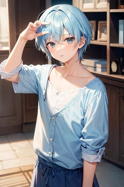 a boy, light blue hair, wearing a girl dress