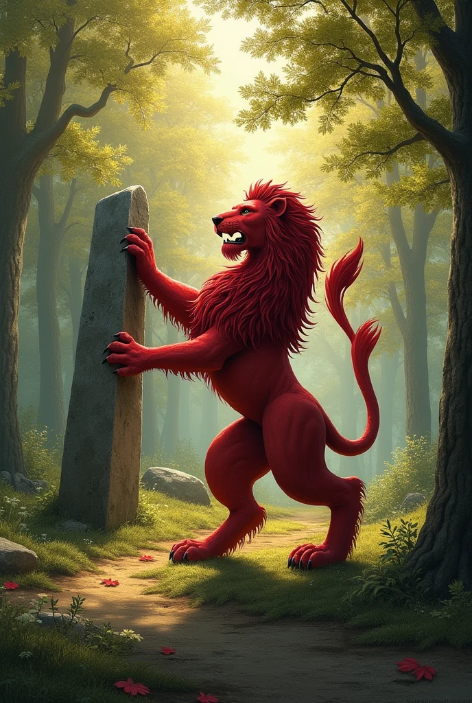 Blason de lion de gueules rampant sur un fond de couleur argent avec en fond une forêt de hêtres illuminée d'une lumière joyeuse et un dolmen composé d'une grande dalle de pierre horizontale reposant sur 2 pierres verticales écartées l'une de l'autre.
