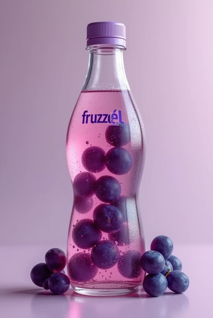 Draw a glass bottle for a natural grape drink, with grapes in the liquid, with a purple name tag "Fruzzel" and the bottle has a strange shape