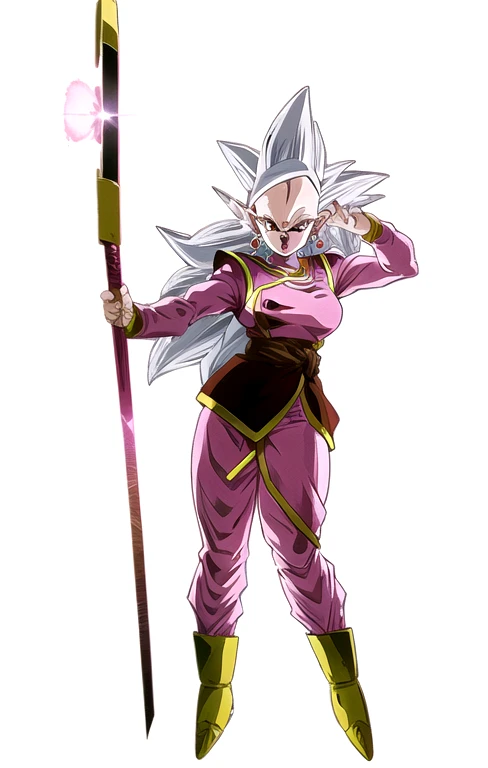 (masterpiece, best quality:1.2) 1girl, white hair, West Supreme Kai, white background, dragon ball style, long hair, red and pink clothes, black eyes, anime, front view, happy smile