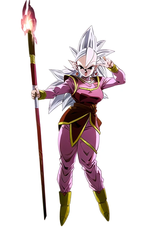 (masterpiece, best quality:1.2) 1girl, white hair, West Supreme Kai, white background, dragon ball style, long hair, red and pink clothes, black eyes, anime, front view, happy smile