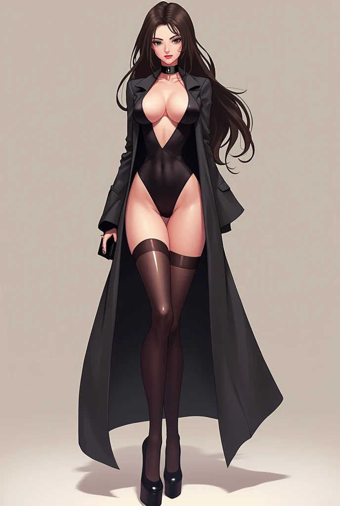 A very sexy ecchi big bust anime girl with high platform heels and long legs. Very girly spy, sultry Very stiff and straight pose. Great rectangular horizontal cleavage. Really long legs, very femennine. Very skinny. Full body. 20 yeas old