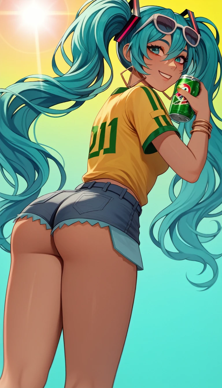 Brazilian Miku, hatsune miku, a woman with blue hair and sunglasses holding a can of beer, brazil shirt, tanned skin, anime girl drinks energy drink, soda themed girl, senna from league of legends, anime girl with teal hair, (Highest quality,4K,8K,High resolution,masterpiece:1.2),Super detailed,Vibrant colors,Beautiful attention to detail,Beautiful lip detail,Cute girl with long turquoise twin tails,Stylized cel shading,Dynamic pose,Anime-style artwork,Happy and energetic look,Lens flare, ((Thin legs)) Lower Body　sit　Butt　back　Backwards,