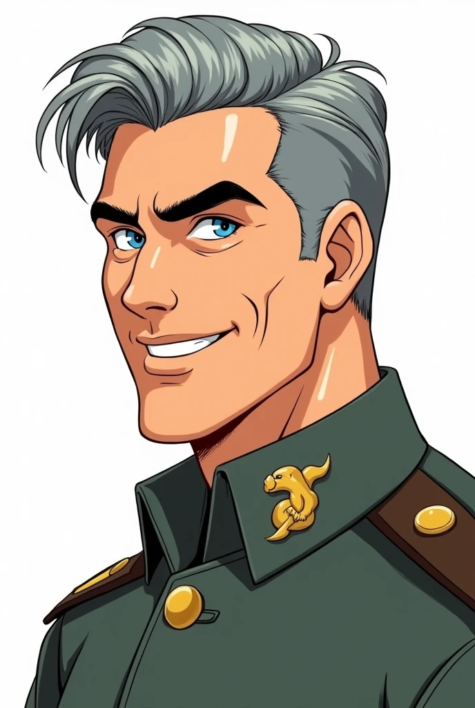 Character of a smiling adult male named John Smith. He has fair skin with a few freckles, short gray hair slicked back with hints of brown, and intense blue eyes with a watchful expression. His build is stocky and muscular. He wears a military uniform. The style should mix 1980s comic book art with 1980s anime, Different angles, character sheet, white background --3:2 aspect ratio, different poses