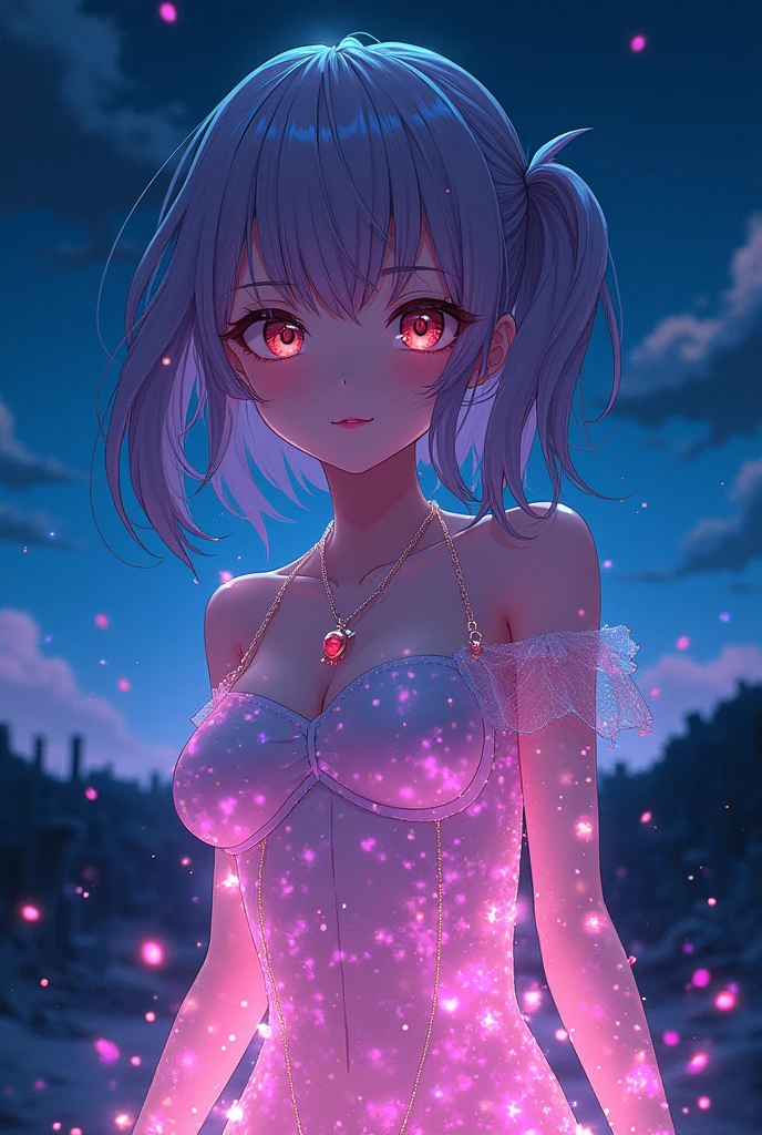 Overflowing with transparency of color、Shiny anime characters。
Gender: Adult female。
The background is a deserted place at night.。
Dress in clothes that have an adult feel。
The expression is winking。