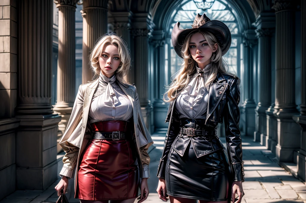 masterpiece,best quality, masterpiece, high detail,detailed face,detailed eyes,rendered eyes,perfect eyes,hip lines,crisp image,detailed,amazing,8k,8k wallpaper,8k background,high detailed skin,high res, (((cowboy shot))), solo, 1girl,looking at viewer,WillowSchnee, . Her attire consists of a white cravat secured by a silver brooch set with a red stone, as well as a light mauve jacket with light sleeves, a wide belt around her waist, a matching pencil skirt with black tights and slippers. serious expression, (standing with military officer), outside stately mansion, sunny afternoon, sculpture at center of hedge maze, holding wine glass, servants and security detail standing by, (volumetric lighting), sharp focus, hyper detailed