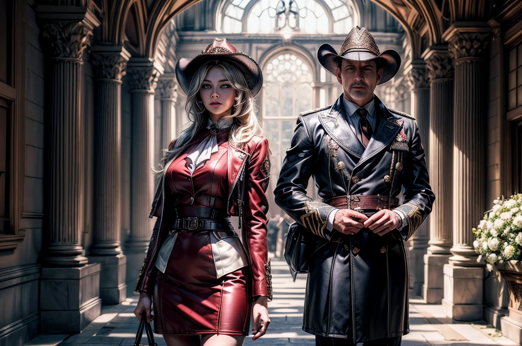 masterpiece,best quality, masterpiece, high detail,detailed face,detailed eyes,rendered eyes,perfect eyes,hip lines,crisp image,detailed,amazing,8k,8k wallpaper,8k background,high detailed skin,high res, (((cowboy shot))), solo, 1girl,looking at viewer,WillowSchnee, . Her attire consists of a white cravat secured by a silver brooch set with a red stone, as well as a light mauve jacket with light sleeves, a wide belt around her waist, a matching pencil skirt with black tights and slippers. serious expression, (standing with military officer), outside stately mansion, sunny afternoon, sculpture at center of hedge maze, holding wine glass, servants and security detail standing by, (volumetric lighting), sharp focus, hyper detailed