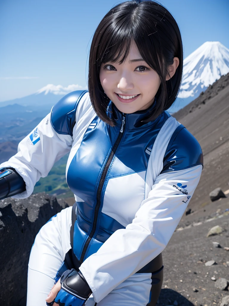 Japanese female android,Black Hair,White and blue robot suit,Plump,Climbing to the summit of Mount Fuji in summer,Close-up,smile,