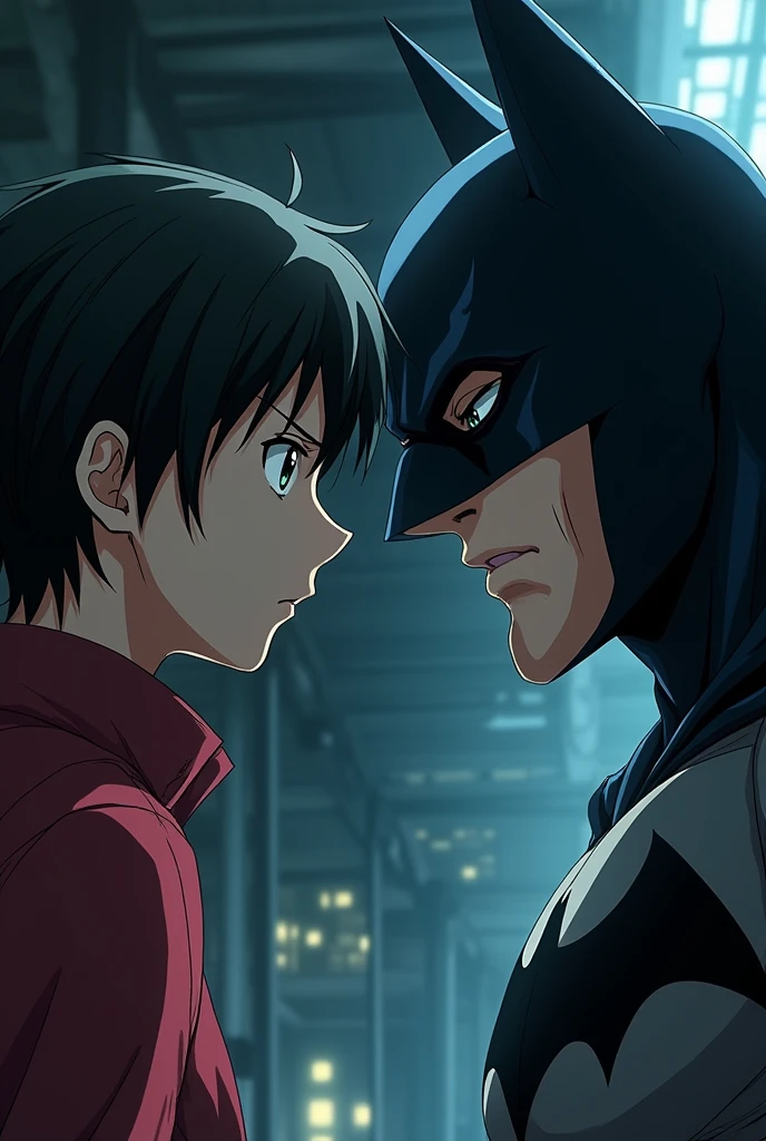 Kira do anime Death Note olhando para o Batman em confrontamento, close-up, anime, anime style, UHD, high details