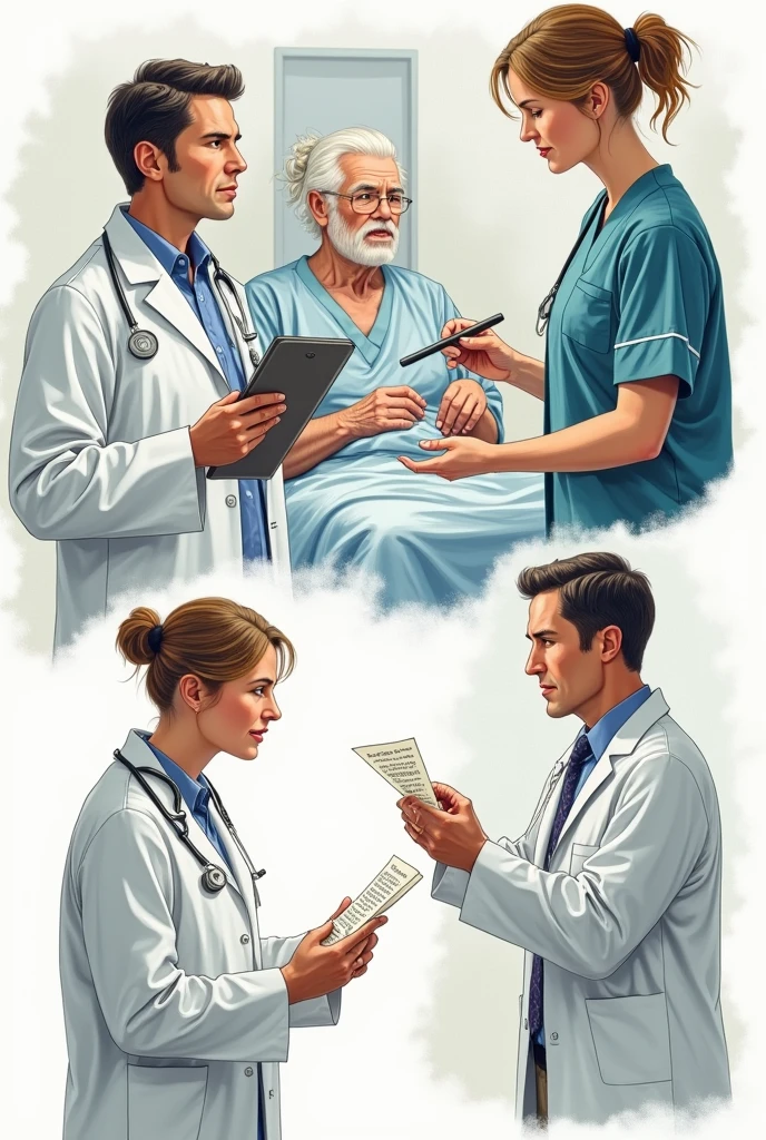 can you show a simple drawing of a chain model:
1. doctor holding a clipboard
2. the doctor writing a prescription in the clipboard
3. the written description or diagnosis
4. a nurse delivering the message to a patient
5. the patient receiving the prescription
6. shows unclear handwriting of the doctor's prescription
7. the pharmacist reading and interpretting the prescription
8. the patient taking medication and reporting their response to the doctor