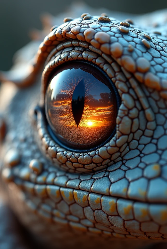 Wide-angle view, hyper-realistic sharpness, digital art style<Close-up of the face of the Brazilian tegu lizard (Salvator merianae) with macroscopic approximation of its left eye, which reflects a cloud with the rising sun; sunrise colors in pastel tones, rendered texture, detailed visual aspect, smooth gradient between light and dark