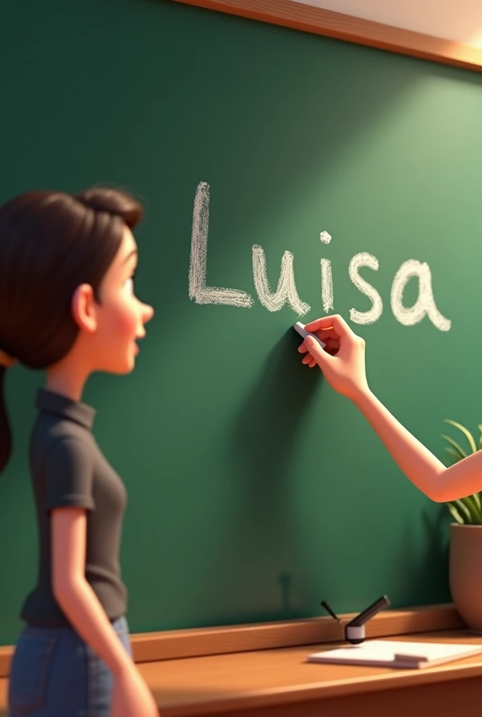 Make an animated image of a teacher saying her name. " Luisa " on a blackboard 