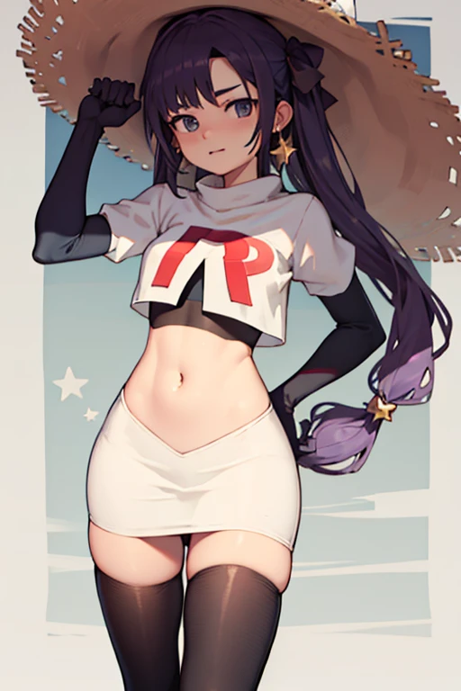 ((masterpiece,best quality)), team rocket,team rocket uniform,white skirt,red letter R,crop top,black thigh-highs,black elbow gloves, purple_hair, zettai ryouiki, aamona, long hair, twintails, star_earrings,hair ornament, hat, jewelry, star_\(symbol\), witch_hat, earrings, purple headwear, cowboy shot,