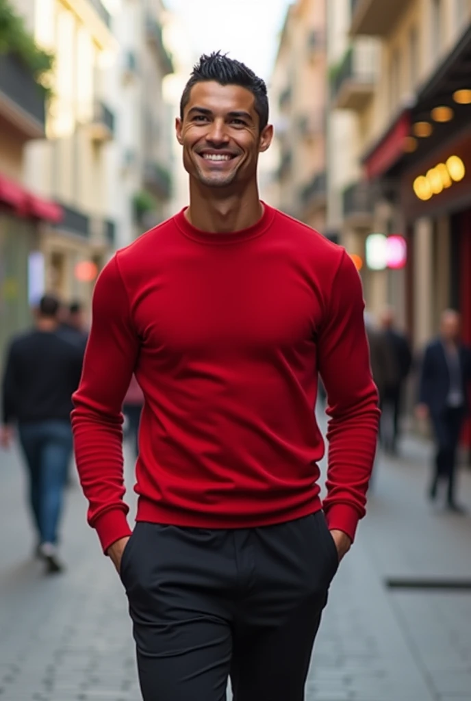Cristiano Ronaldo;sur une ville de luxe imaginaire,au futur,en sourient,porte une pulls rouge,un pantalon noir avec un peu de rouge,des claquettes noir nike
