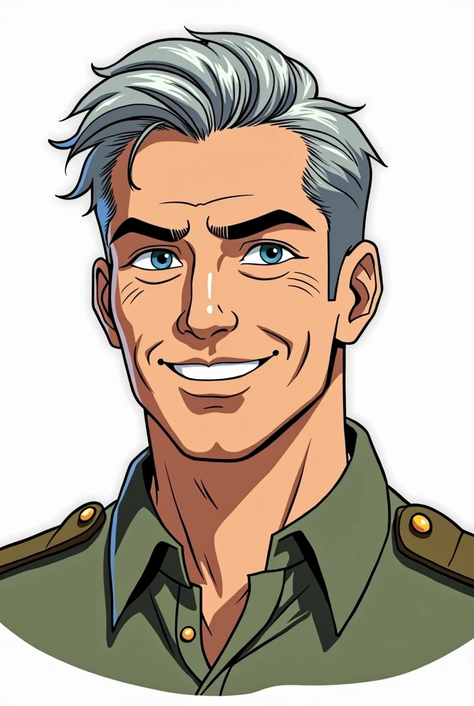 Character of a smiling adult male named John Smith. He has fair skin with a few freckles, short gray hair slicked back with hints of brown, and intense blue eyes with a watchful expression. His build is stocky and muscular. He wears a military uniform. The style should mix 1980s comic book art with 1980s anime, Different angles, character sheet, white background --3:2 aspect ratio, different poses