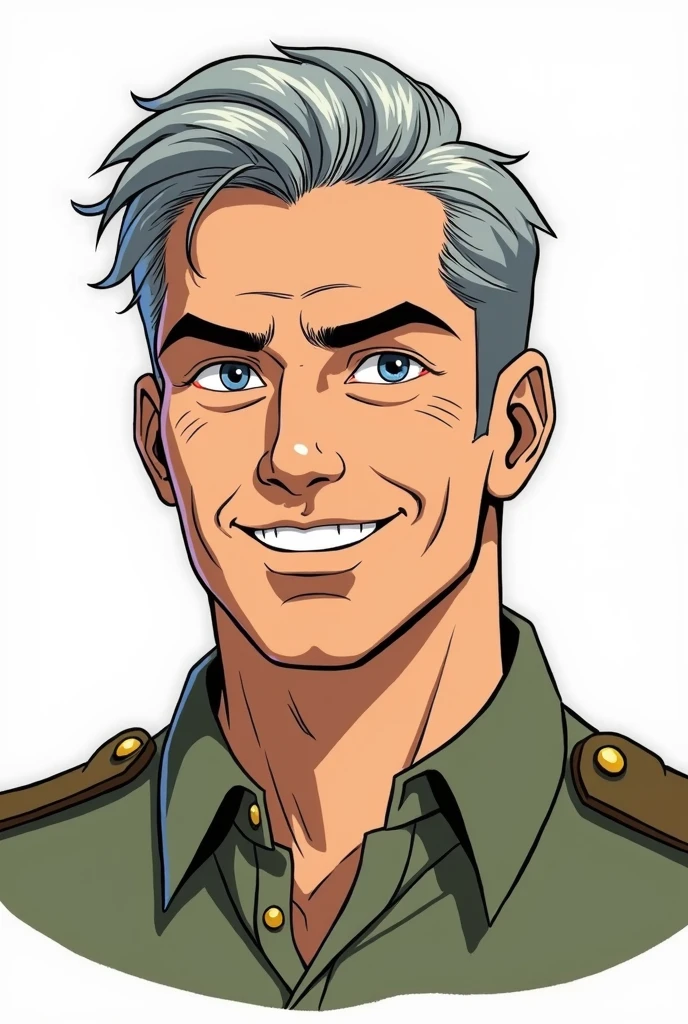 Character of a smiling adult male named John Smith. He has fair skin with a few freckles, short gray hair slicked back with hints of brown, and intense blue eyes with a watchful expression. His build is stocky and muscular. He wears a military uniform. The style should mix 1980s comic book art with 1980s anime, Different angles, character sheet, white background --3:2 aspect ratio, different poses