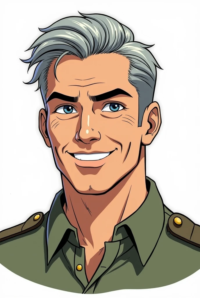Character of a smiling adult male named John Smith. He has fair skin with a few freckles, short gray hair slicked back with hints of brown, and intense blue eyes with a watchful expression. His build is stocky and muscular. He wears a military uniform. The style should mix 1980s comic book art with 1980s anime, Different angles, character sheet, white background --3:2 aspect ratio, different poses